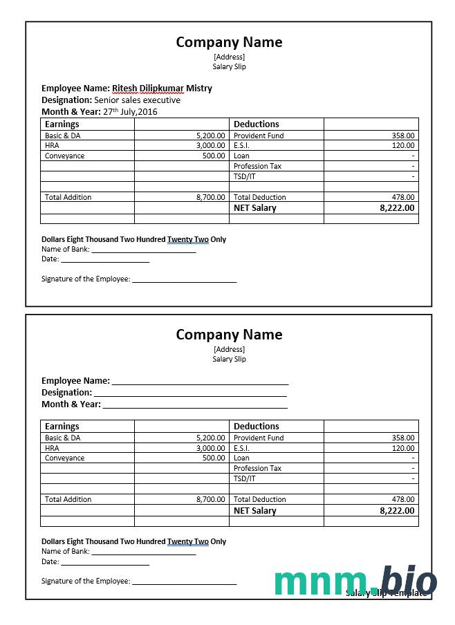 senior Sales executive Pension slip Word i ekran szablonu PDF